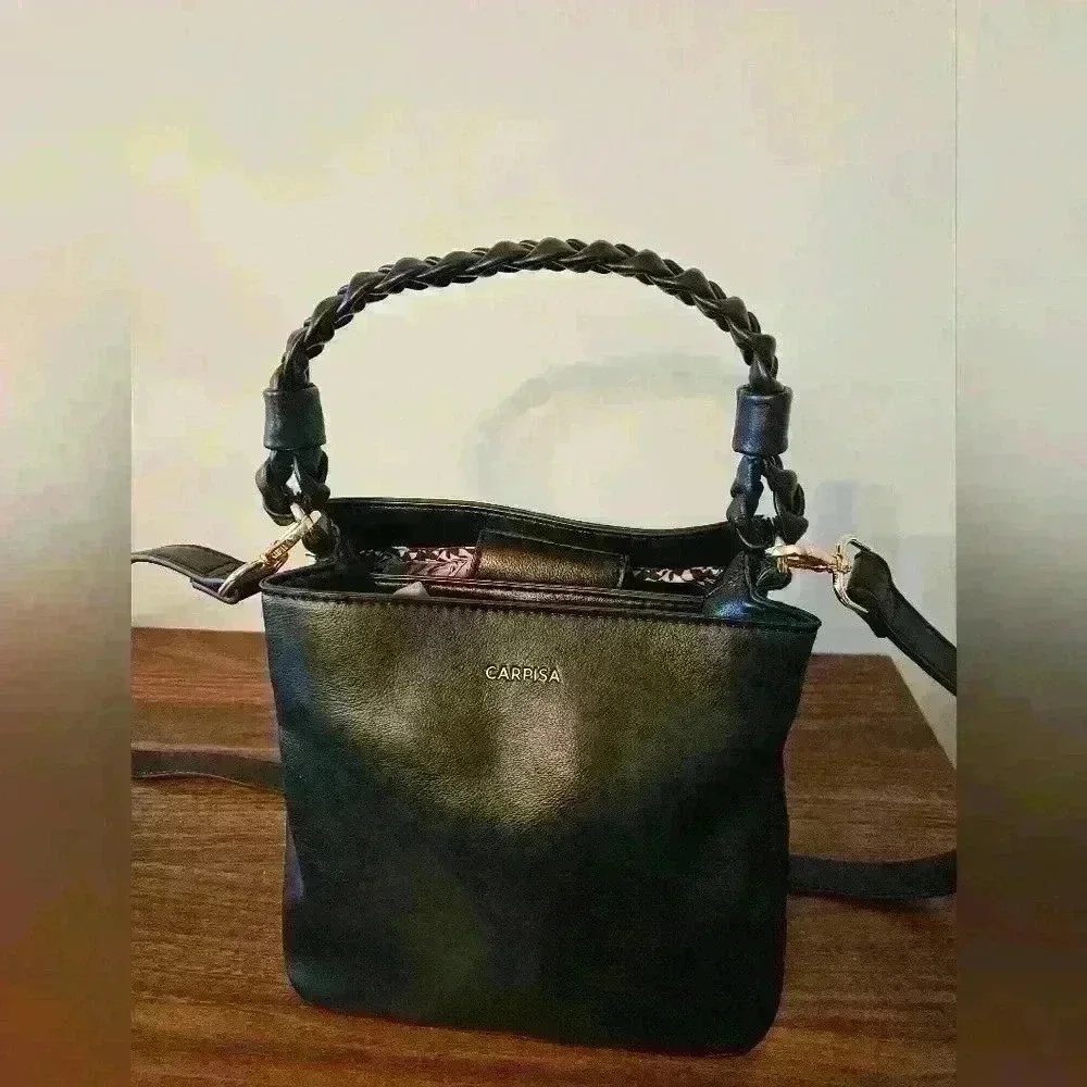 Carpisa Black Faux Leather Satchel Gold Hardware Detachable Cross-body Strap